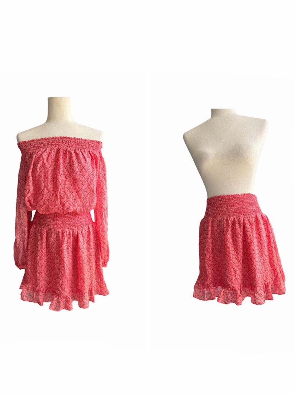INTERMIX 100% silk Smocked Waist Mini Skirt Red White Patterned w ruffle Large